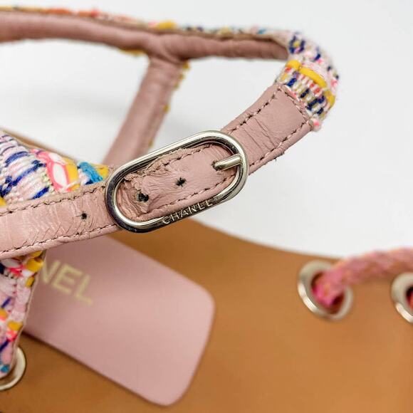 Chanel 2017 Fisherman Sandals Rope Tweed Cork Gold CC Label Plate Size 39.5 - Picture 11 of 15